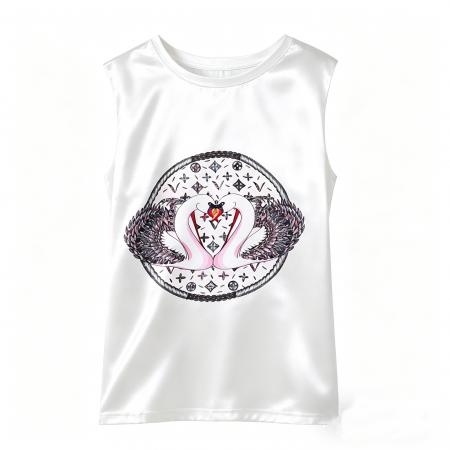 BY18540# 新款重磅仿真丝T恤宽松女无袖印花白色圆领百搭背心 服裝批發女裝批發服飾貨源