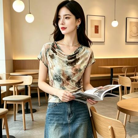 BY18541# 短袖设计感修身套头堆大圆领打底衫女夏新款印花上衣T恤 服裝批發女裝批發服飾貨源