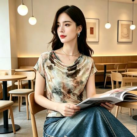 BY18541# 短袖设计感修身套头堆大圆领打底衫女夏新款印花上衣T恤 服裝批發女裝批發服飾貨源