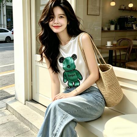 BY18542# 新款重磅仿真丝T恤宽松女无袖印花白色圆领百搭背心 服裝批發女裝批發服飾貨源