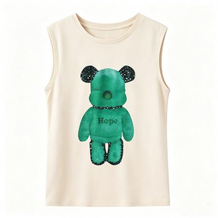 BY18542# 新款重磅仿真丝T恤宽松女无袖印花白色圆领百搭背心 服裝批發女裝批發服飾貨源