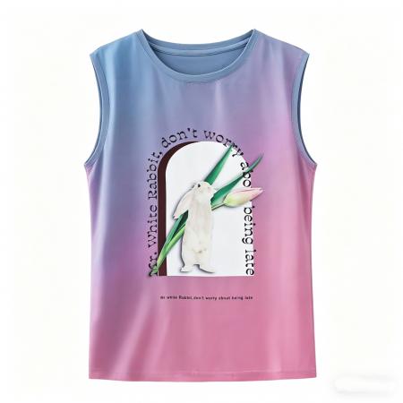 BY18543# 重磅缎面仿真丝新款数码印花宽松圆领韩版时尚背心T恤上衣 服裝批發女裝批發服飾貨源