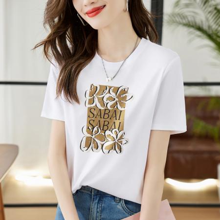 BY18544# 夏季新款圆领高端简约通勤印花宽松T恤上衣 服裝批發女裝批發服飾貨源