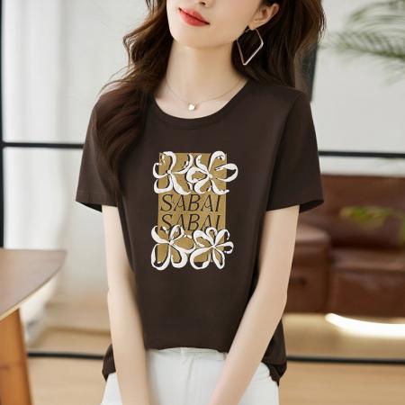 BY18544# 夏季新款圆领高端简约通勤印花宽松T恤上衣 服裝批發女裝批發服飾貨源