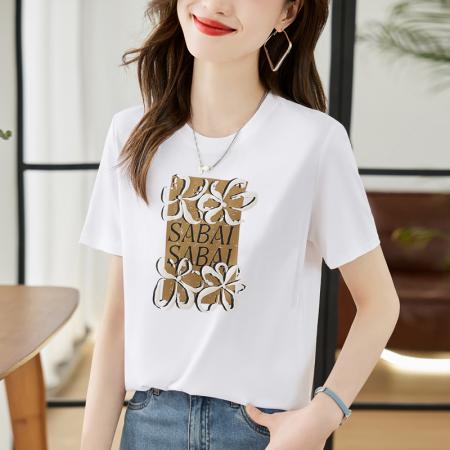 BY18544# 夏季新款圆领高端简约通勤印花宽松T恤上衣 服裝批發女裝批發服飾貨源