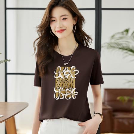 BY18544# 夏季新款圆领高端简约通勤印花宽松T恤上衣 服裝批發女裝批發服飾貨源