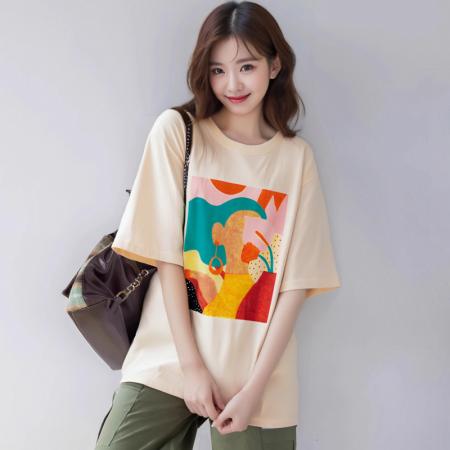 BY18546# 夏季新款圆领高端棉落肩简约通勤印花宽松T恤上衣 服裝批發女裝批發服飾貨源