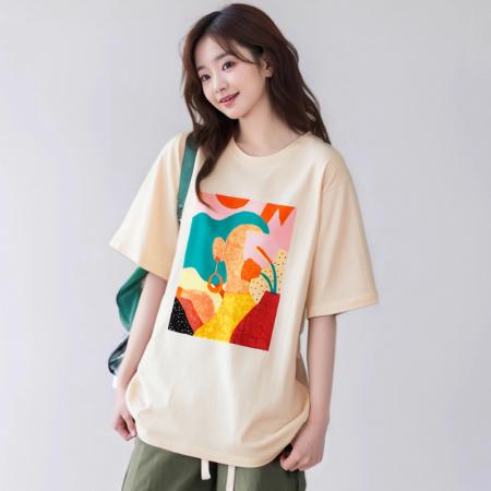 BY18546# 夏季新款圆领高端棉落肩简约通勤印花宽松T恤上衣 服裝批發女裝批發服飾貨源