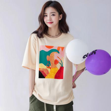 BY18546# 夏季新款圆领高端棉落肩简约通勤印花宽松T恤上衣 服裝批發女裝批發服飾貨源