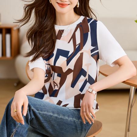 BY18547# 女短袖夏季新款显瘦高端乱麻印花气质拼接半袖T恤 服裝批發女裝批發服飾貨源