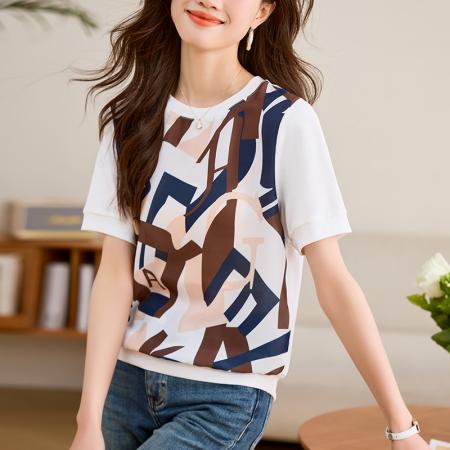 BY18547# 女短袖夏季新款显瘦高端乱麻印花气质拼接半袖T恤 服裝批發女裝批發服飾貨源
