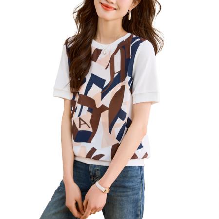 BY18547# 女短袖夏季新款显瘦高端乱麻印花气质拼接半袖T恤 服裝批發女裝批發服飾貨源