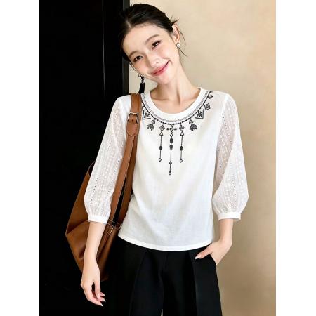 BY18548# 复古风刺绣七分袖T桖白色圆领纯棉上衣高档小资夏季新款上衣 服裝批發女裝批發服飾貨源