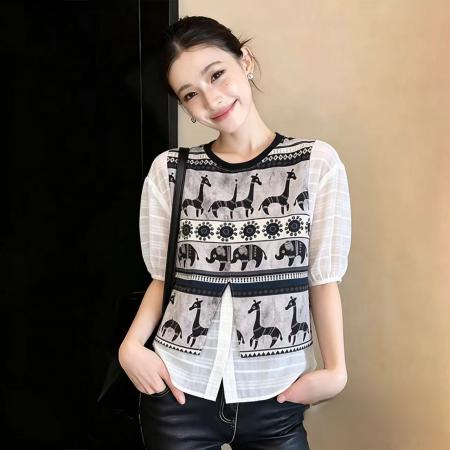 BY18549# 动物印花拼接假两件中袖衬衫女夏季新款时尚百搭条纹欧货上衣 服裝批發女裝批發服飾貨源