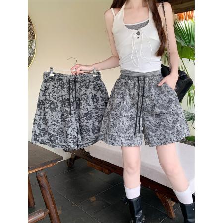 BY18551# 夏季新款复古花宽松显廋抽绳百搭休闲裤阔腿短裤女 服裝批發女裝批發服飾貨源