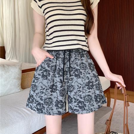 BY18551# 夏季新款复古花宽松显廋抽绳百搭休闲裤阔腿短裤女 服裝批發女裝批發服飾貨源