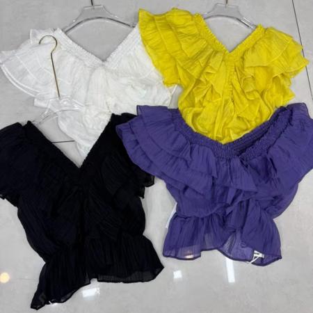 BY18553# 夏季新款时尚百搭设计感法式荷叶边V领收腰短款显瘦上衣女 服裝批發女裝批發服飾貨源