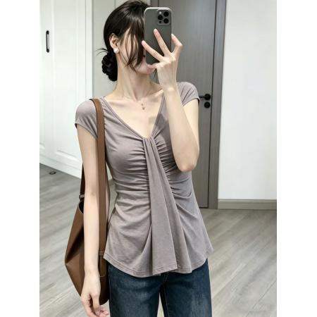 BY18555# 大码设计感v领T恤女新款修身显瘦设计感小众气质短袖上衣 服裝批發女裝批發服飾貨源