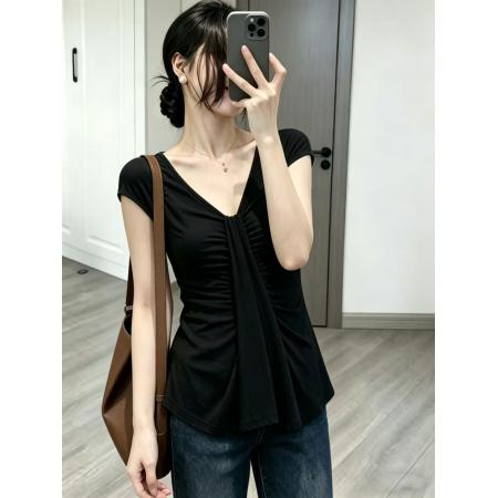 BY18555# 大码设计感v领T恤女新款修身显瘦设计感小众气质短袖上衣 服裝批發女裝批發服飾貨源