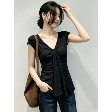 BY18555# 大码设计感v领T恤女新款修身显瘦设计感小众气质短袖上衣 服裝批發女裝批發服飾貨源