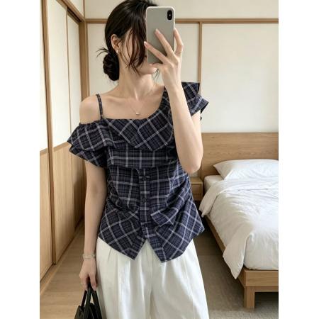 BY18557# 大码吊带衬衫女设计感小众不规则收腰短款小衫 服裝批發女裝批發服飾貨源