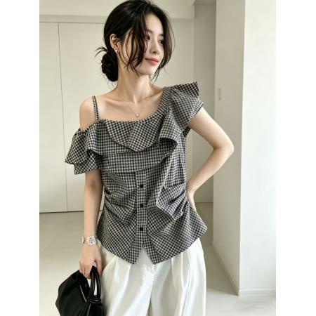 BY18557# 大码吊带衬衫女设计感小众不规则收腰短款小衫 服裝批發女裝批發服飾貨源