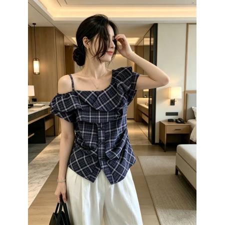 BY18557# 大码吊带衬衫女设计感小众不规则收腰短款小衫 服裝批發女裝批發服飾貨源