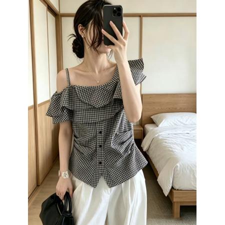 BY18557# 大码吊带衬衫女设计感小众不规则收腰短款小衫 服裝批發女裝批發服飾貨源