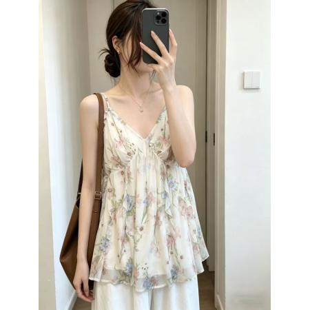 BY18558# 大码碎花吊带背心女夏季外穿韩系纯欲风V领收腰度假风上衣 服裝批發女裝批發服飾貨源