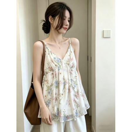 BY18558# 大码碎花吊带背心女夏季外穿韩系纯欲风V领收腰度假风上衣 服裝批發女裝批發服飾貨源