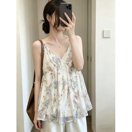BY18558# 大码碎花吊带背心女夏季外穿韩系纯欲风V领收腰度假风上衣 服裝批發女裝批發服飾貨源