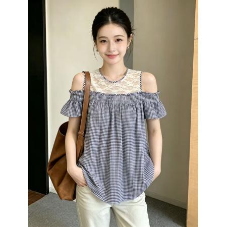 BY18559# 大码复古时尚方领蕾丝拼接格子泡泡袖衬衫夏季宽松百搭上衣 服裝批發女裝批發服飾貨源