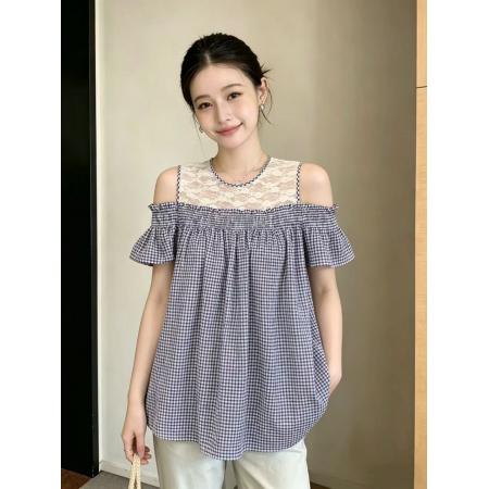 BY18559# 大码复古时尚方领蕾丝拼接格子泡泡袖衬衫夏季宽松百搭上衣 服裝批發女裝批發服飾貨源