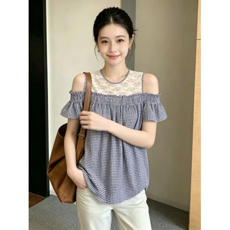 BY18559# 大码复古时尚方领蕾丝拼接格子泡泡袖衬衫夏季宽松百搭上衣 服裝批發女裝批發服飾貨源