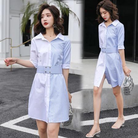 BY18565# 春夏新款韩版修身V领条纹衬衣连衣裙女中长款撞色拼接衬衫裙 服裝批發女裝批發服飾貨源