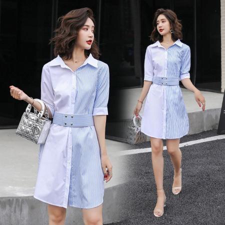 BY18565# 春夏新款韩版修身V领条纹衬衣连衣裙女中长款撞色拼接衬衫裙 服裝批發女裝批發服飾貨源