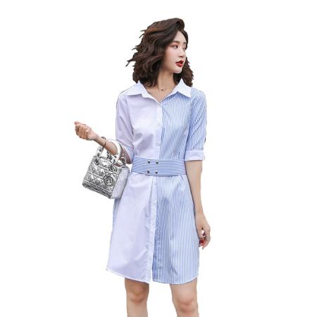 BY18565# 春夏新款韩版修身V领条纹衬衣连衣裙女中长款撞色拼接衬衫裙 服裝批發女裝批發服飾貨源