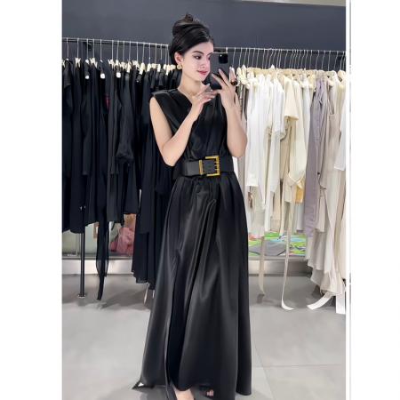 BY18566# 气质高级感坎肩V领收腰连衣裙女夏季新款高腰修身显瘦长裙子 服裝批發女裝批發服飾貨源