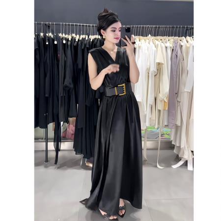 BY18566# 气质高级感坎肩V领收腰连衣裙女夏季新款高腰修身显瘦长裙子 服裝批發女裝批發服飾貨源