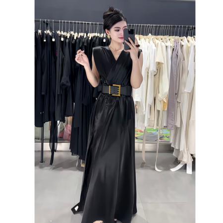 BY18566# 气质高级感坎肩V领收腰连衣裙女夏季新款高腰修身显瘦长裙子 服裝批發女裝批發服飾貨源