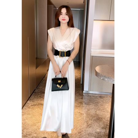 BY18566# 气质高级感坎肩V领收腰连衣裙女夏季新款高腰修身显瘦长裙子 服裝批發女裝批發服飾貨源