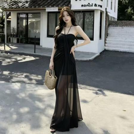 BY18568# 度假风挂脖抹胸网纱连衣裙女夏季新款绿色收腰显瘦气质长裙氛围感 服裝批發女裝批發服飾貨源