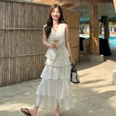 BY18569# 法式高级感收腰马甲网纱蛋糕裙两件套女春夏新款气质爆款穿搭 服裝批發女裝批發服飾貨源