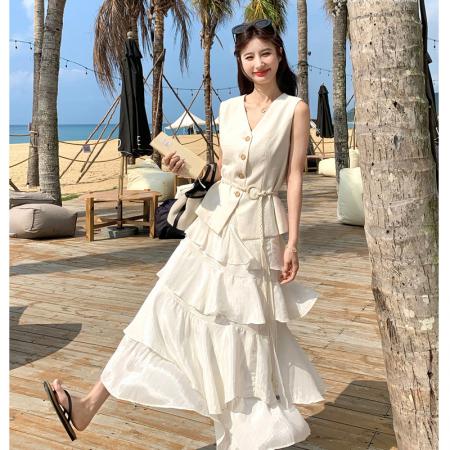 BY18569# 法式高级感收腰马甲网纱蛋糕裙两件套女春夏新款气质爆款穿搭 服裝批發女裝批發服飾貨源