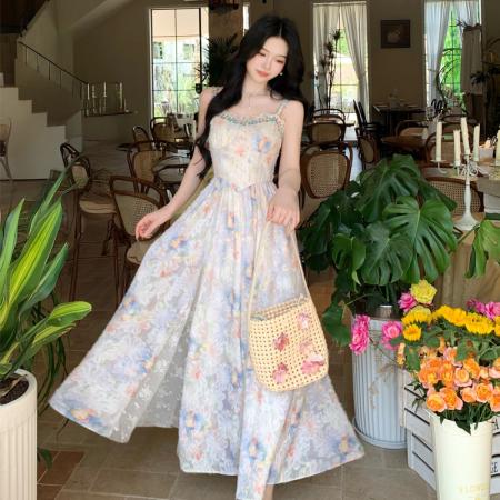 BY18572# 法式温柔风油画碎花吊带连衣裙夏季氛围感海边度假绝美气质长裙子 服裝批發女裝批發服飾貨源