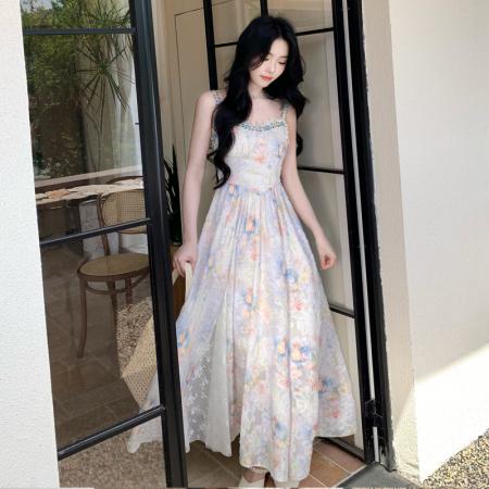 BY18572# 法式温柔风油画碎花吊带连衣裙夏季氛围感海边度假绝美气质长裙子 服裝批發女裝批發服飾貨源