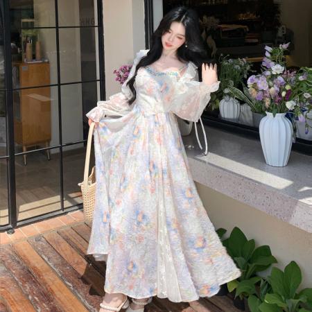 BY18572# 法式温柔风油画碎花吊带连衣裙夏季氛围感海边度假绝美气质长裙子 服裝批發女裝批發服飾貨源