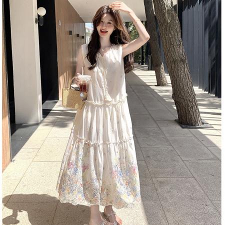 BY18575# 甜美可人系带领碎花无袖连衣裙女夏季超好看气质显瘦背心长裙 服裝批發女裝批發服飾貨源