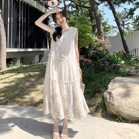 BY18575# 甜美可人系带领碎花无袖连衣裙女夏季超好看气质显瘦背心长裙 服裝批發女裝批發服飾貨源