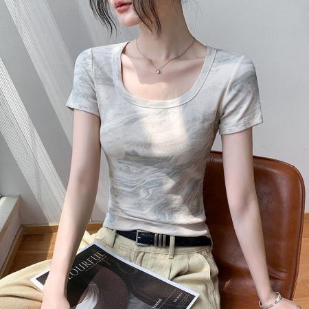 BY18577# 方领扎染别致短袖T恤女夏季修身正肩显瘦衬衫内搭上衣 服裝批發女裝批發服飾貨源